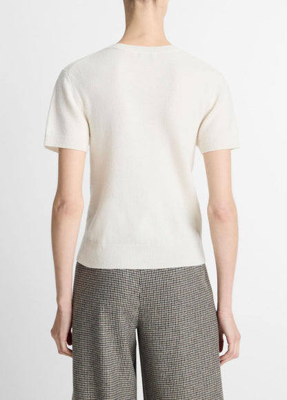 VINCE Women Wool & Cashmere-Blend Short-Sleeve Sweater in Crew Neck OFF WHITE
