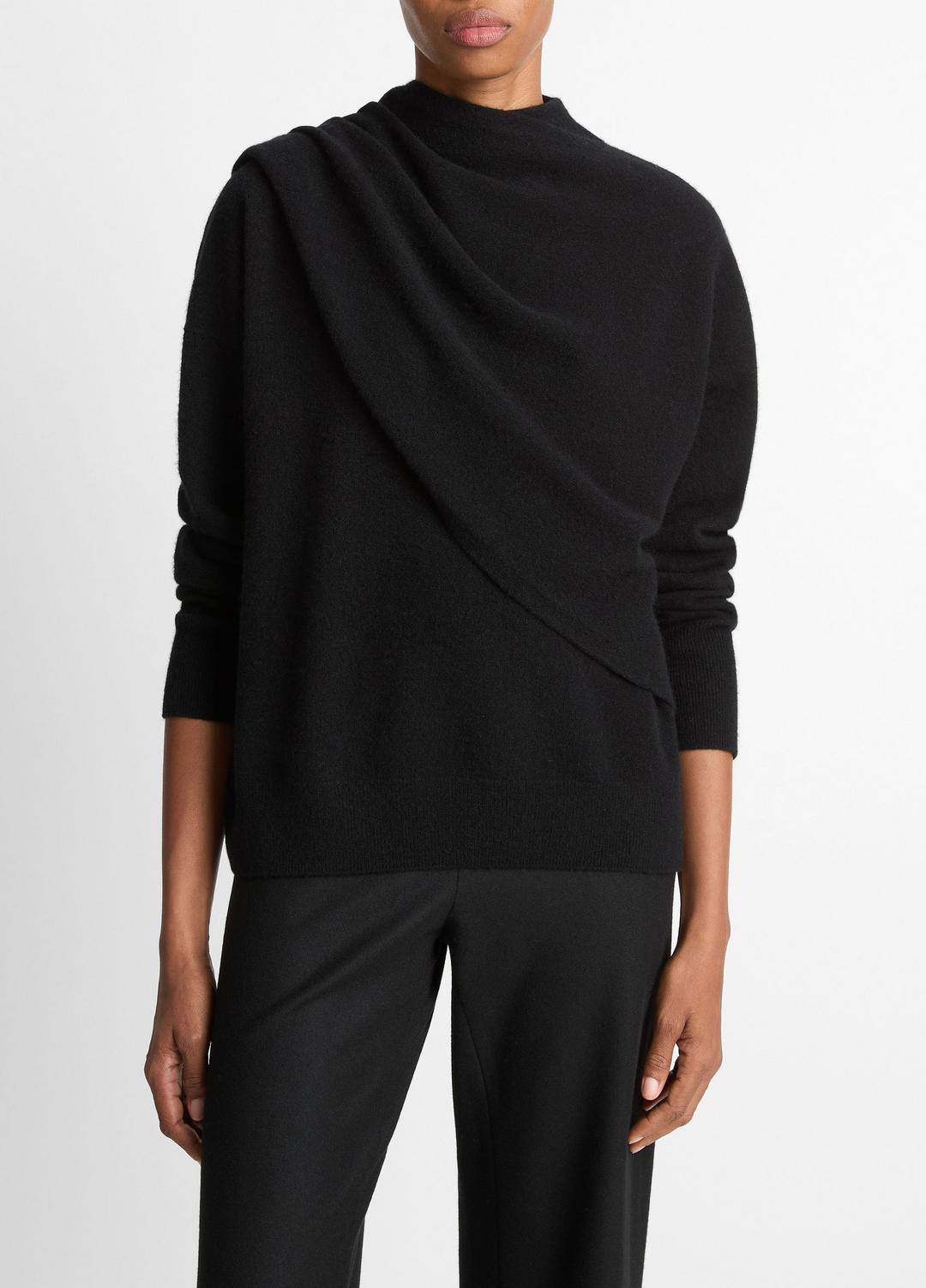 VINCE Women Draped-Shawl Wool-Cashmere Sweater in Turtleneck BLACK