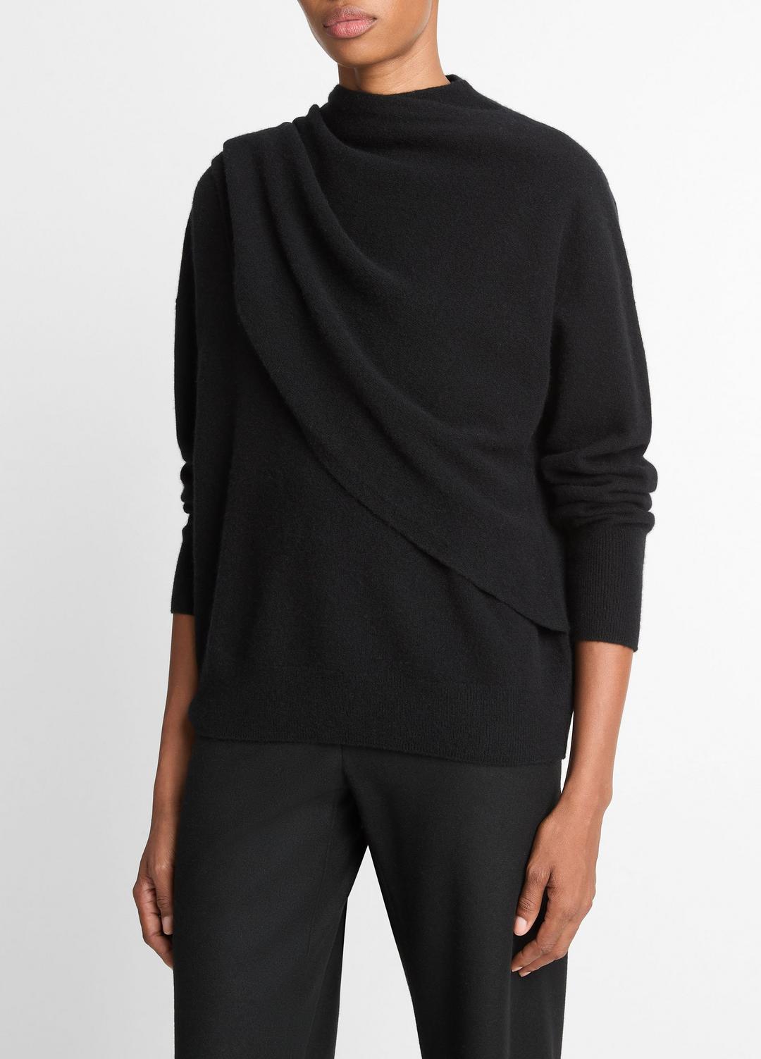 VINCE Women Draped-Shawl Wool-Cashmere Sweater in Turtleneck BLACK