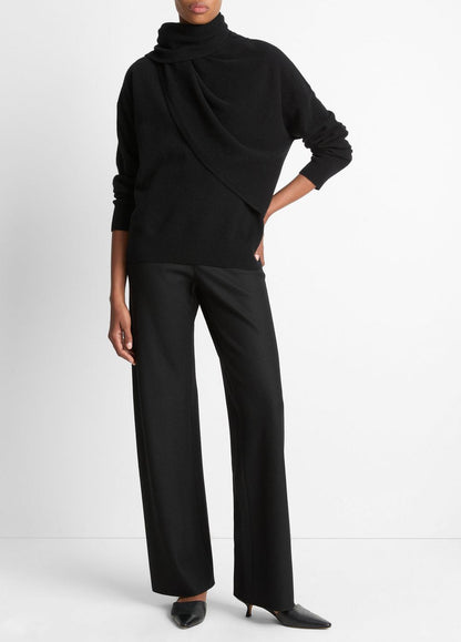 VINCE Women Draped-Shawl Wool-Cashmere Sweater in Turtleneck BLACK