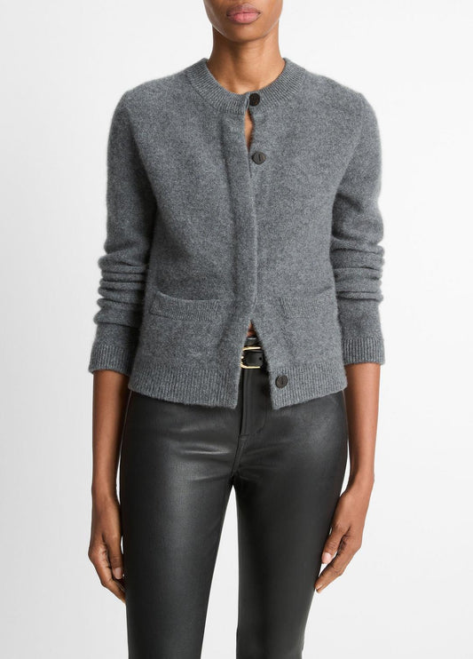 VINCE Women Plush Cashmere Shrunken Cardigan in Cardigans HEATHER GRAPHITE