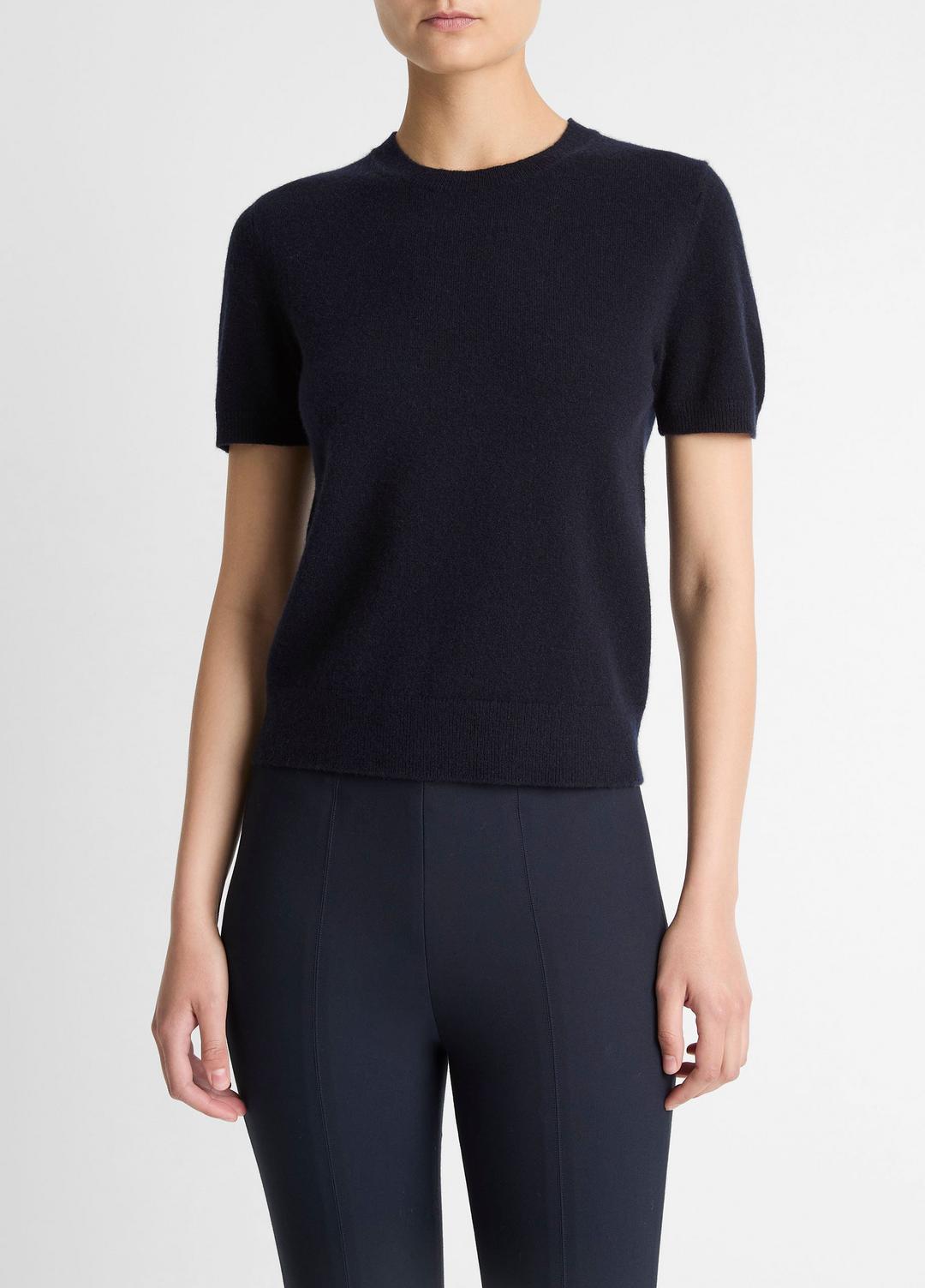 VINCE Women Wool & Cashmere-Blend Short-Sleeve Sweater in Crew Neck COASTAL BLUE