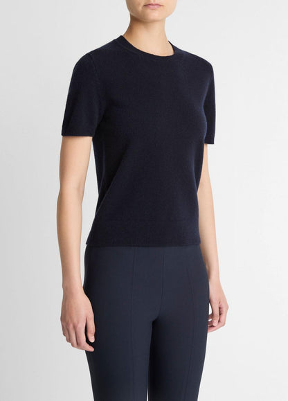 VINCE Women Wool & Cashmere-Blend Short-Sleeve Sweater in Crew Neck COASTAL BLUE