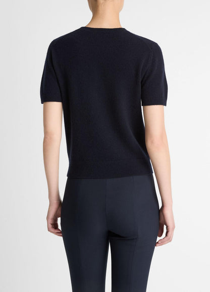 VINCE Women Wool & Cashmere-Blend Short-Sleeve Sweater in Crew Neck COASTAL BLUE