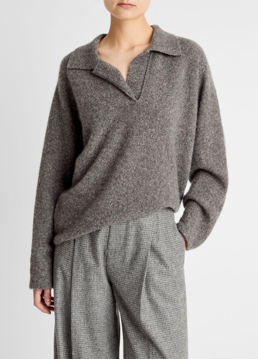 VINCE Women Donegal Plush Cashmere Dolman-Sleeve Polo Sweater in Cashmere MEDIUM HEATHER GREY DONEGAL