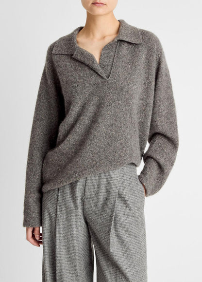 VINCE Women Donegal Plush Cashmere Dolman-Sleeve Polo Sweater in Cashmere MEDIUM HEATHER GREY DONEGAL