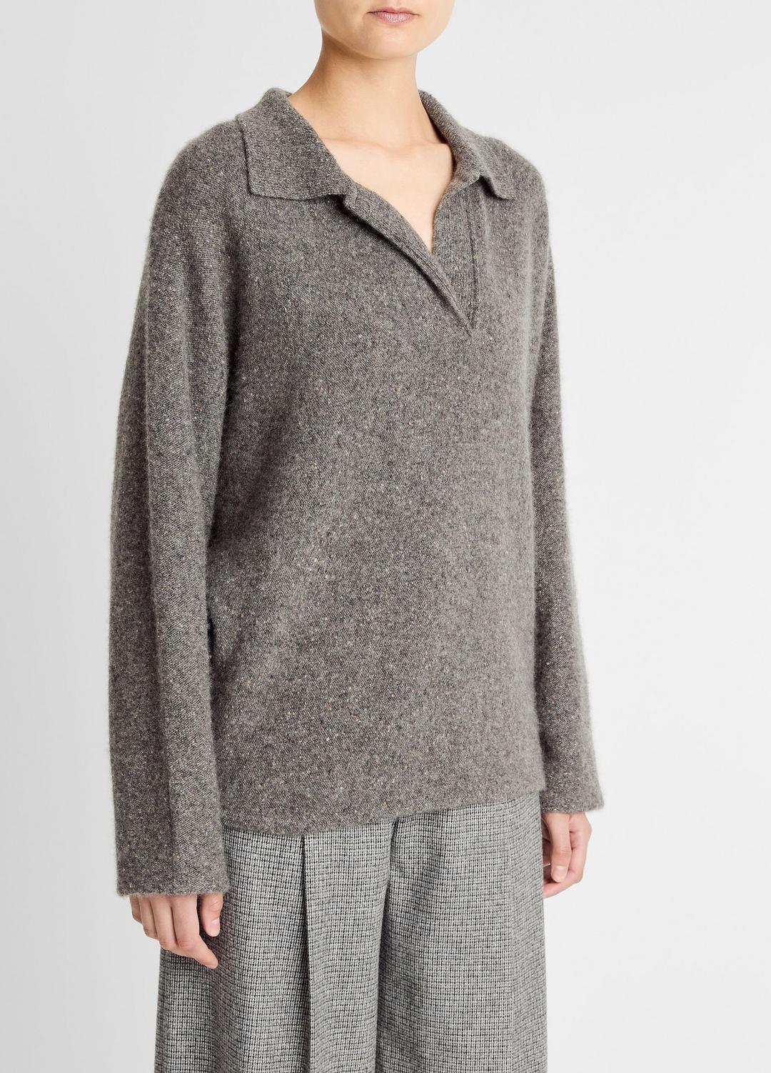 VINCE Women Donegal Plush Cashmere Dolman-Sleeve Polo Sweater in Cashmere MEDIUM HEATHER GREY DONEGAL
