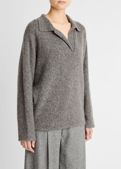 VINCE Women Donegal Plush Cashmere Dolman-Sleeve Polo Sweater in Cashmere MEDIUM HEATHER GREY DONEGAL