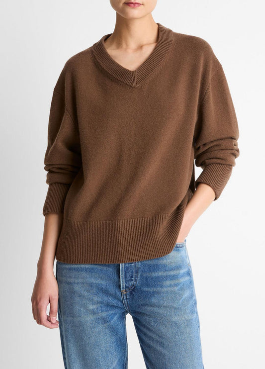VINCE Women Wool-Cashmere V-Neck Sweater in V-Neck HAZELNUT