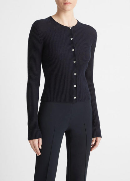 VINCE Women Ribbed Cashmere-Silk Cardigan in Cardigans COASTAL BLUE