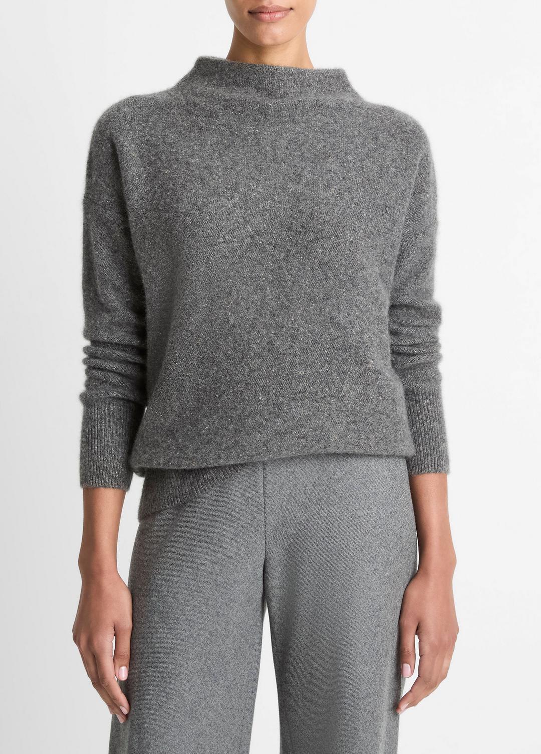 VINCE Women Donegal Cashmere Funnel-Neck Sweater in Turtleneck MEDIUM HEATHER GREY DONEGAL