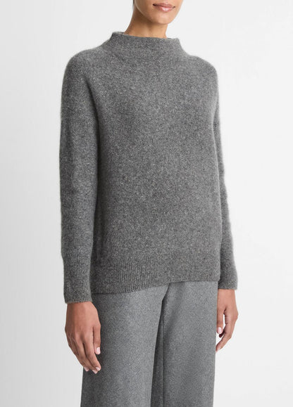VINCE Women Donegal Cashmere Funnel-Neck Sweater in Turtleneck MEDIUM HEATHER GREY DONEGAL