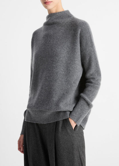 VINCE Women Plush Cashmere Funnel-Neck Sweater in Turtleneck HEATHER GRAPHITE