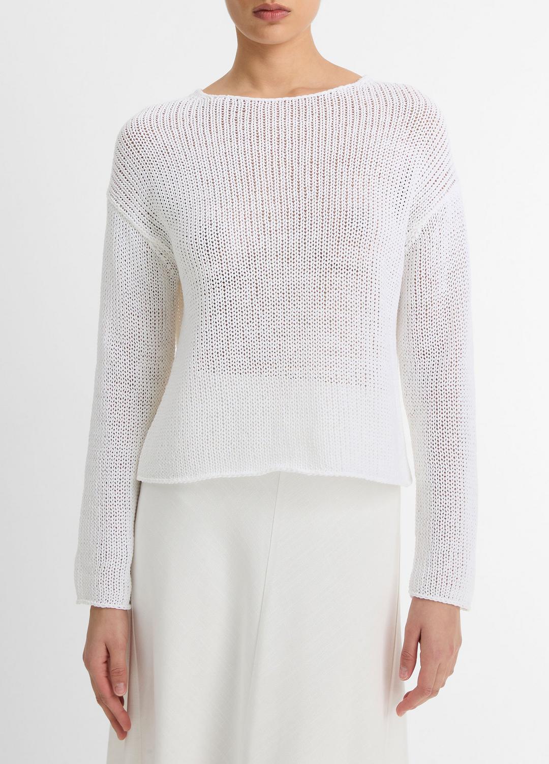VINCE Women Italian Coated Cotton-Blend Sweater in Crew Neck OPTIC WHITE