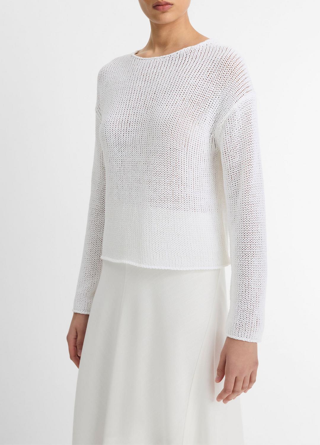VINCE Women Italian Coated Cotton-Blend Sweater in Crew Neck OPTIC WHITE