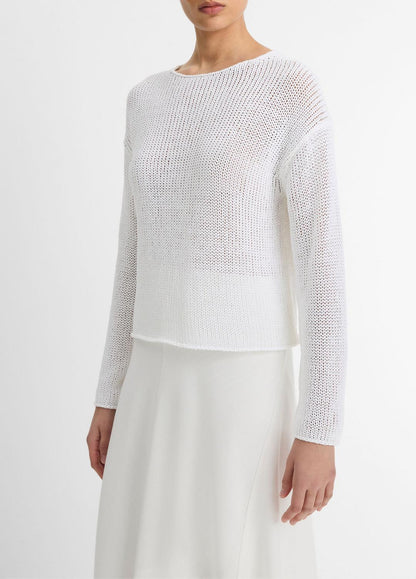 VINCE Women Italian Coated Cotton-Blend Sweater in Crew Neck OPTIC WHITE