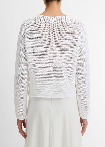 VINCE Women Italian Coated Cotton-Blend Sweater in Crew Neck OPTIC WHITE