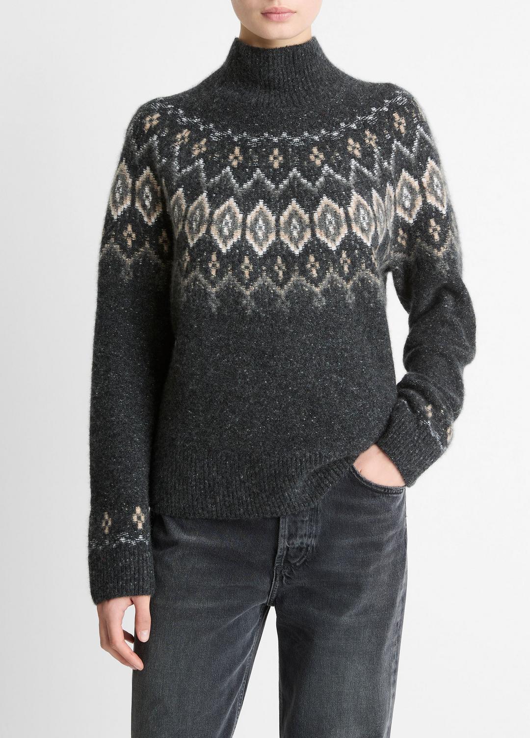 VINCE Women Fair Isle Donegal Cashmere Turtleneck Sweater in Turtleneck HEATHER CHARCOAL COMBO