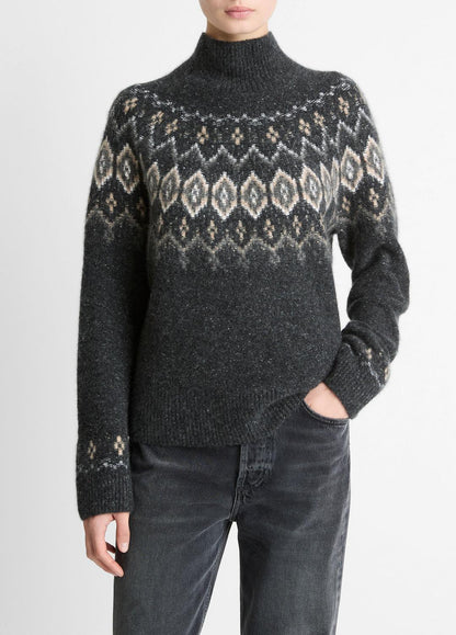 VINCE Women Fair Isle Donegal Cashmere Turtleneck Sweater in Turtleneck HEATHER CHARCOAL COMBO
