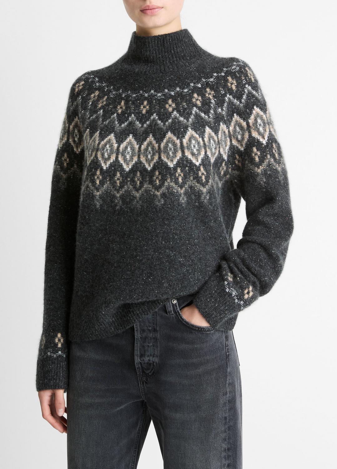 VINCE Women Fair Isle Donegal Cashmere Turtleneck Sweater in Turtleneck HEATHER CHARCOAL COMBO