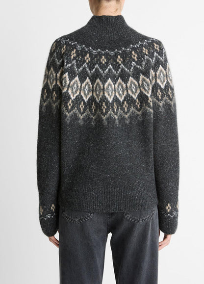 VINCE Women Fair Isle Donegal Cashmere Turtleneck Sweater in Turtleneck HEATHER CHARCOAL COMBO