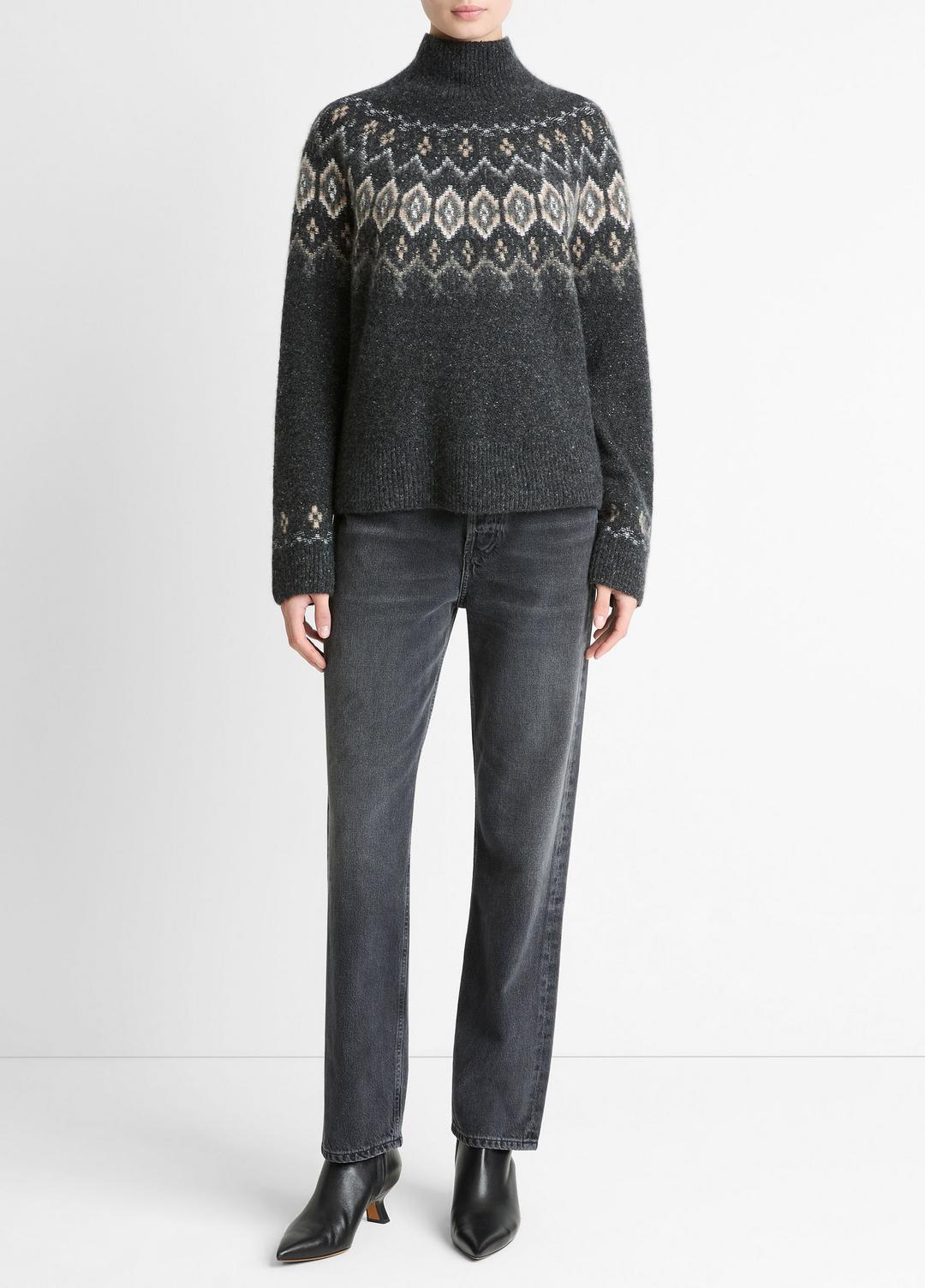 VINCE Women Fair Isle Donegal Cashmere Turtleneck Sweater in Turtleneck HEATHER CHARCOAL COMBO