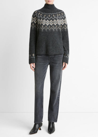 VINCE Women Fair Isle Donegal Cashmere Turtleneck Sweater in Turtleneck HEATHER CHARCOAL COMBO