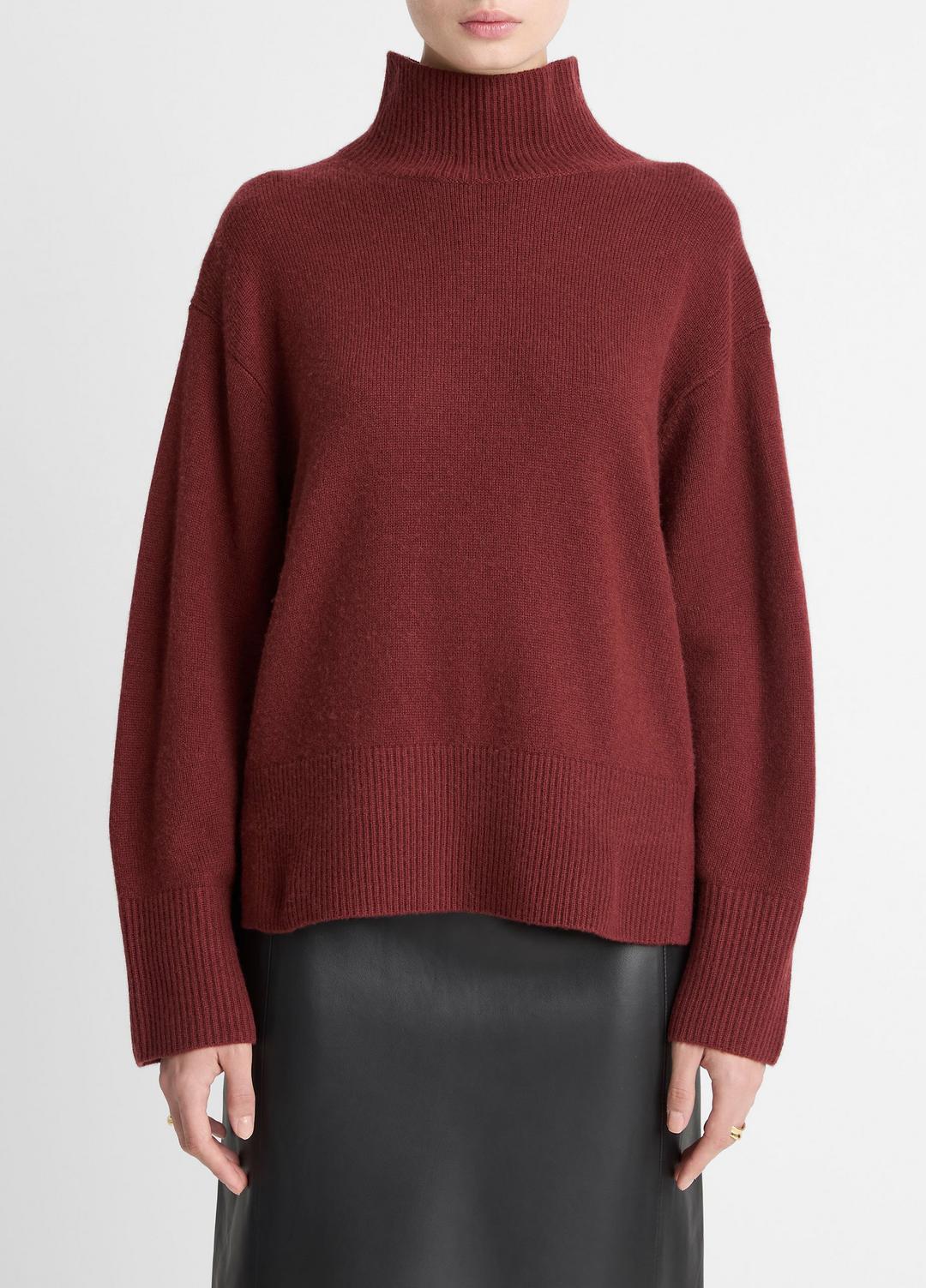 VINCE Women Wool-Cashmere Side-Slit Turtleneck Sweater in Turtleneck BORDEAUX