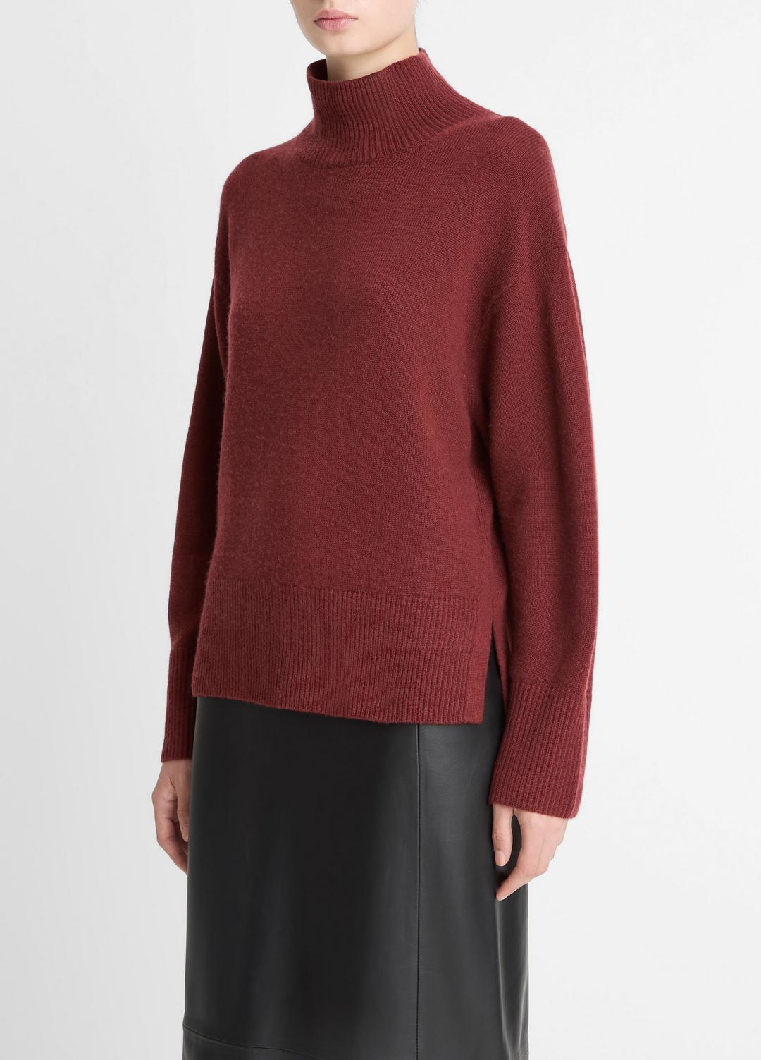 VINCE Women Wool-Cashmere Side-Slit Turtleneck Sweater in Turtleneck BORDEAUX