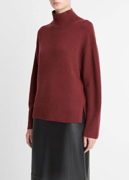 VINCE Women Wool-Cashmere Side-Slit Turtleneck Sweater in Turtleneck BORDEAUX