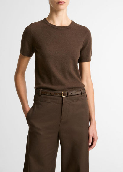 VINCE Women Wool & Cashmere-Blend Short-Sleeve Sweater in Crew Neck DARK BARK