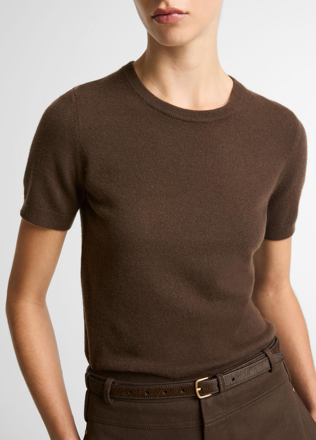 VINCE Women Wool & Cashmere-Blend Short-Sleeve Sweater in Crew Neck DARK BARK