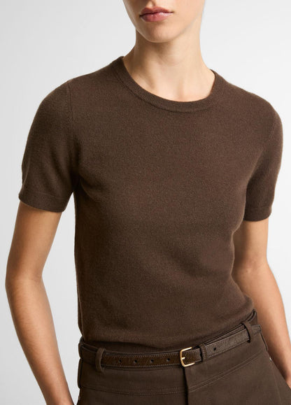 VINCE Women Wool & Cashmere-Blend Short-Sleeve Sweater in Crew Neck DARK BARK