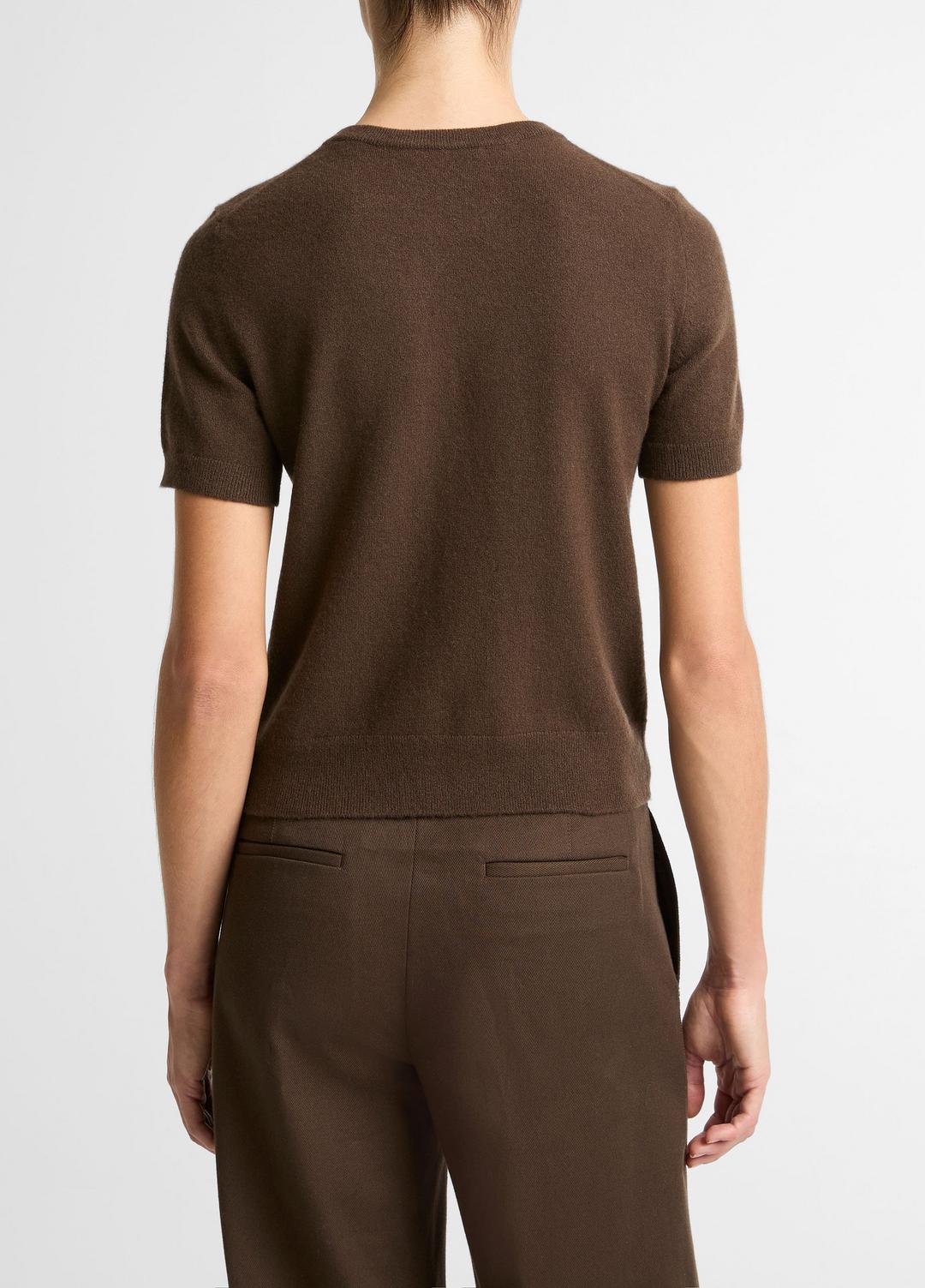 VINCE Women Wool & Cashmere-Blend Short-Sleeve Sweater in Crew Neck DARK BARK