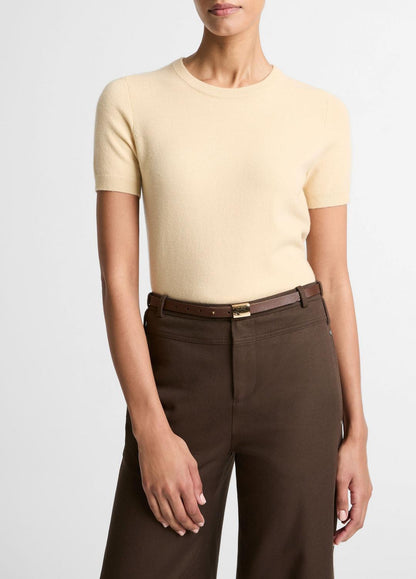 VINCE Women Wool & Cashmere-Blend Short-Sleeve Sweater in Crew Neck CHAMOMILE