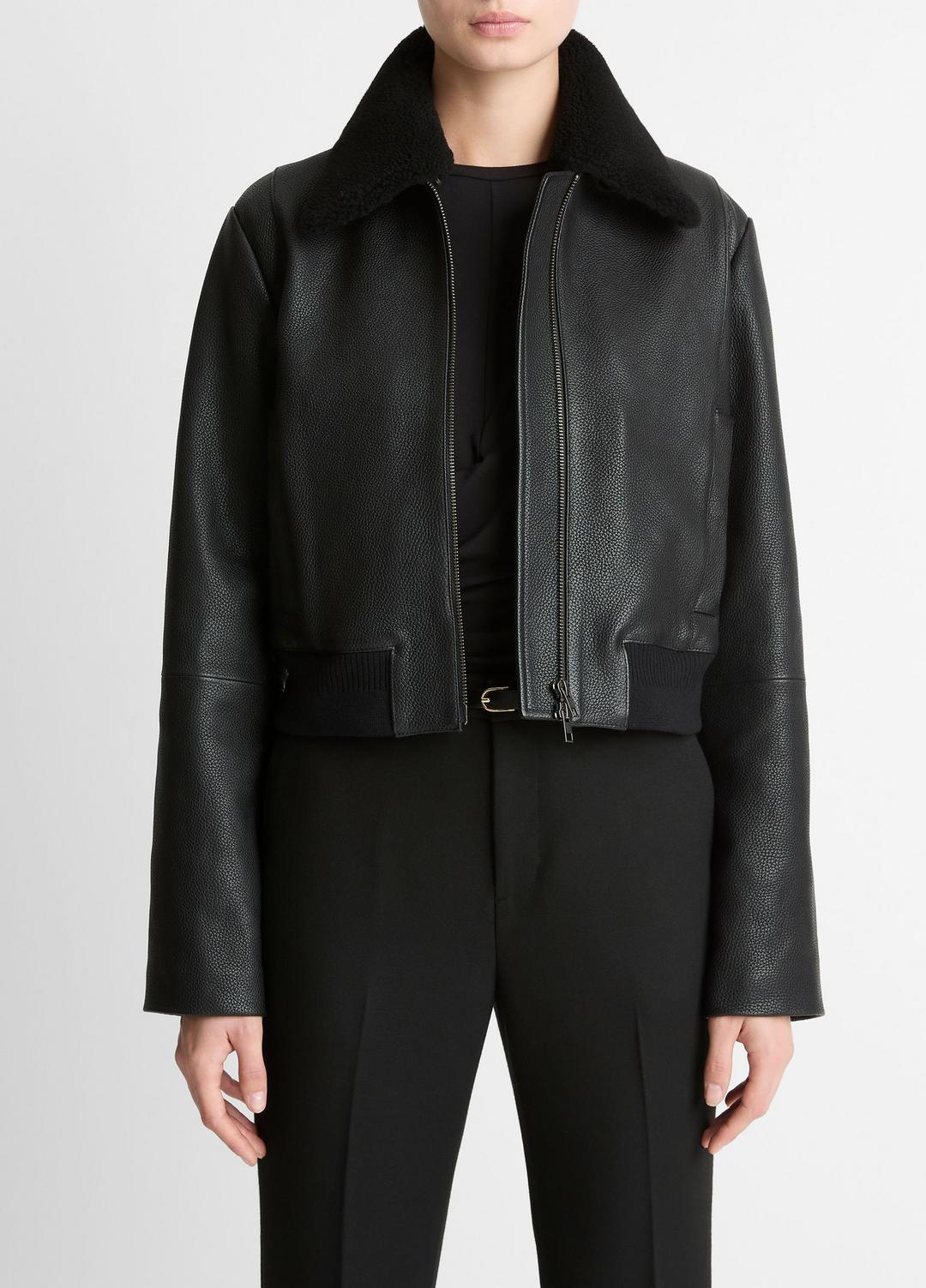 VINCE Women Shearling-Trim Shrunken Leather Jacket in Leather Jackets BLACK