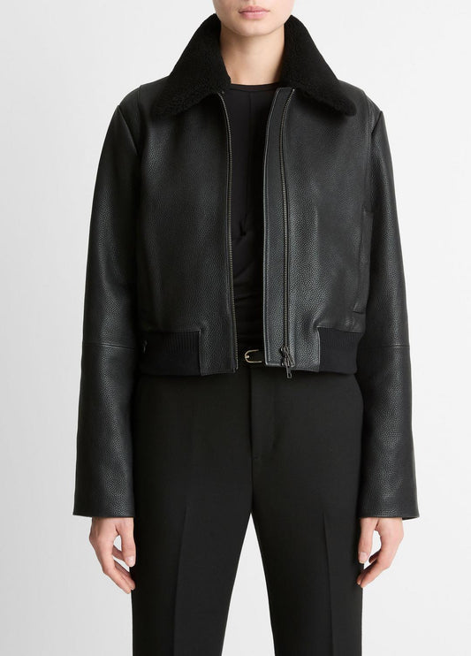 VINCE Women Shearling-Trim Shrunken Leather Jacket in Leather Jackets BLACK