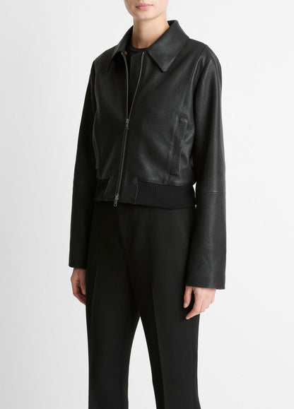 VINCE Women Shearling-Trim Shrunken Leather Jacket in Leather Jackets BLACK
