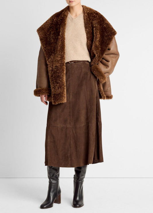 VINCE Women Shearling Hooded Jacket in Jackets COGNAC ESPRESSO COMB