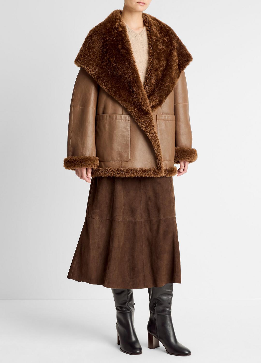 VINCE Women Shearling Hooded Jacket in Jackets COGNAC ESPRESSO COMB