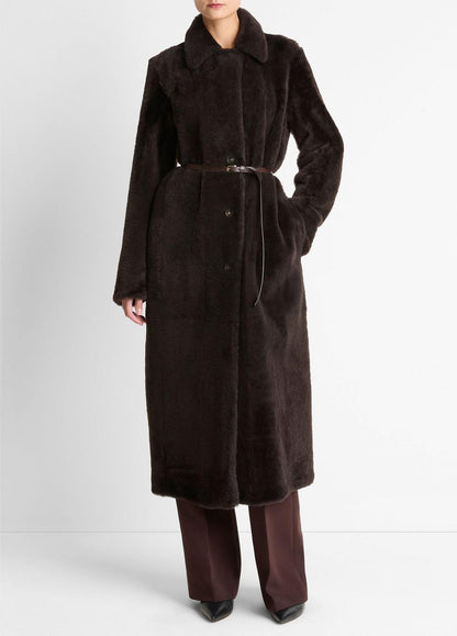 VINCE Women Shearling Long Coat in Coats DARK UMBER