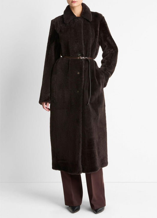 VINCE Women Shearling Long Coat in Coats DARK UMBER