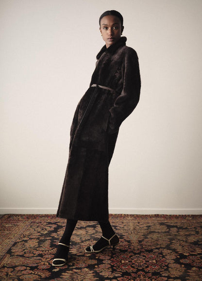 VINCE Women Shearling Long Coat in Coats DARK UMBER