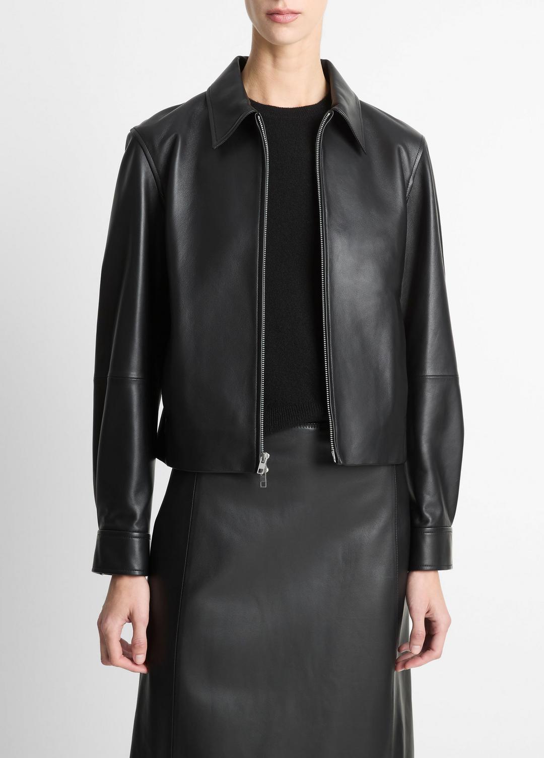 VINCE Women Leather Cropped Zip-Front Jacket in Jackets BLACK