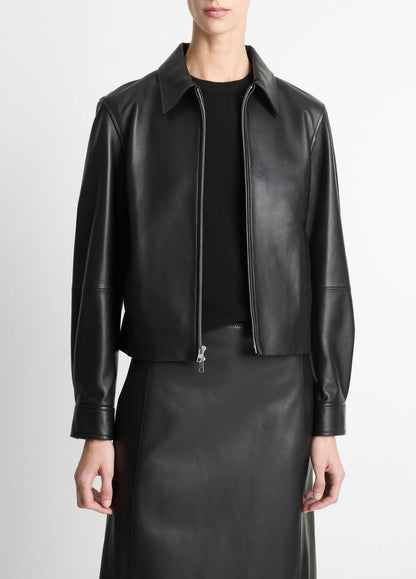 VINCE Women Leather Cropped Zip-Front Jacket in Jackets BLACK