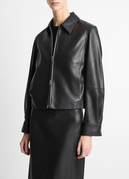 VINCE Women Leather Cropped Zip-Front Jacket in Jackets BLACK