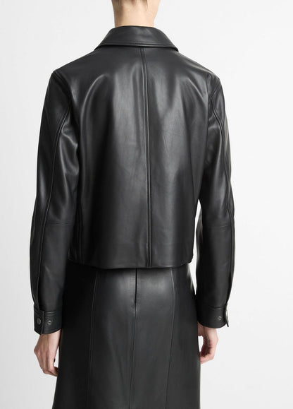 VINCE Women Leather Cropped Zip-Front Jacket in Jackets BLACK