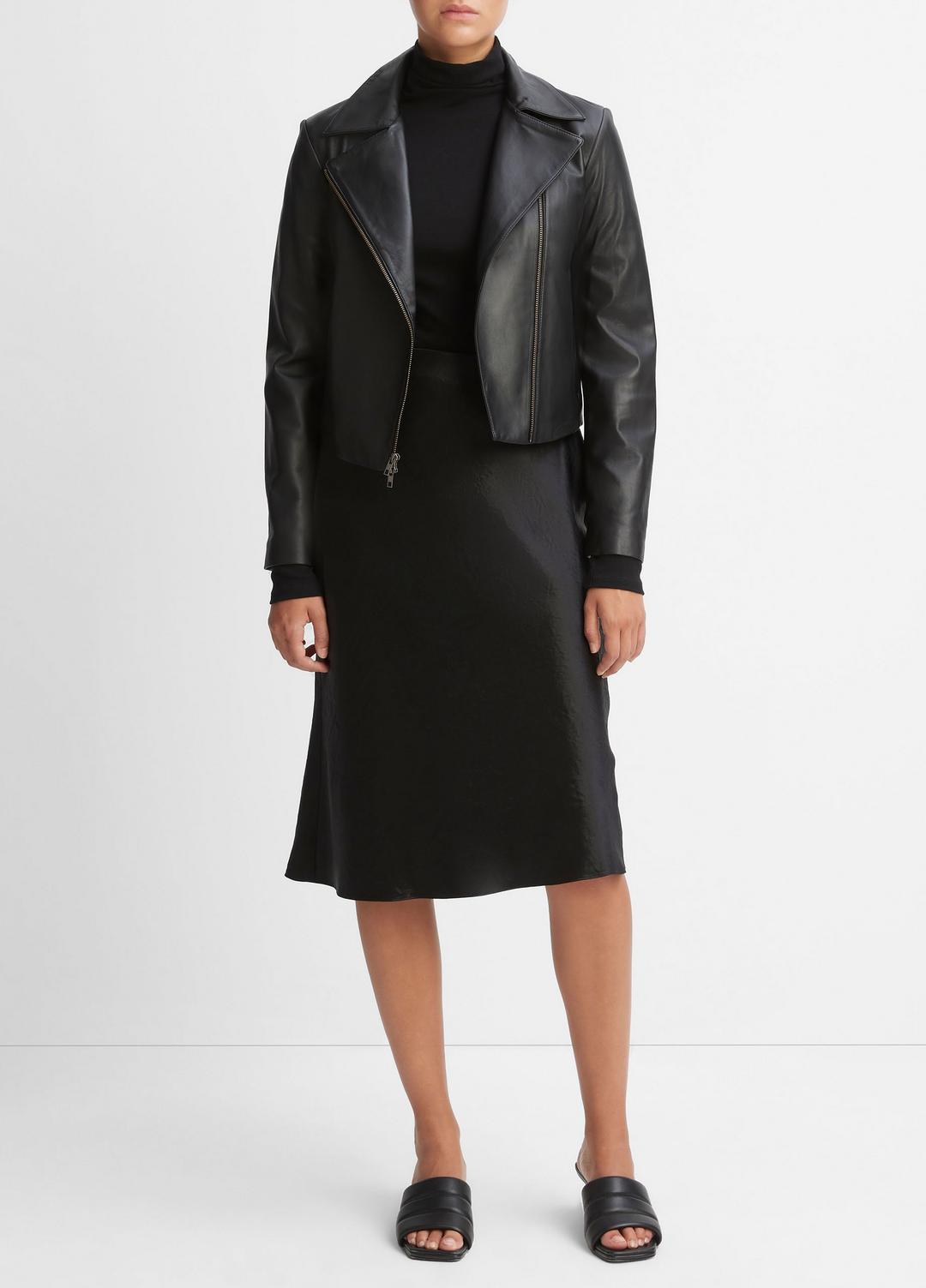 VINCE Women Leather Cross-Front Moto Jacket in Leather Jackets BLACK