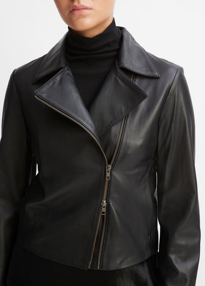 VINCE Women Leather Cross-Front Moto Jacket in Leather Jackets BLACK