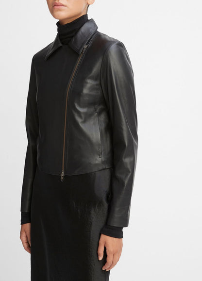 VINCE Women Leather Cross-Front Moto Jacket in Leather Jackets BLACK